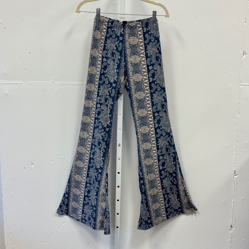 Windsor Blue Paisley Flare Bell Bottom Boho Pants High Rise Stretchy Festival